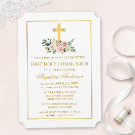 Watercolor Pink White Floral Gold Frame Communion Kaart