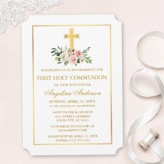 Watercolor Pink White Floral Gold Frame Communion Kaart