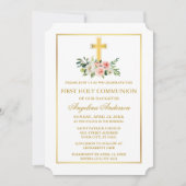 Watercolor Pink White Floral Gold Frame Communion Kaart (Voorkant)