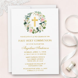 Watercolor Pink White Floral Wreath Gold Communion Kaart