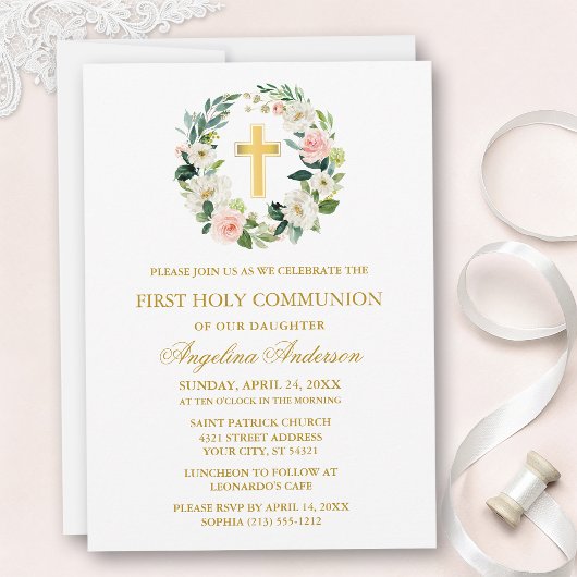 Watercolor Pink White Floral Wreath Gold Communion Kaart