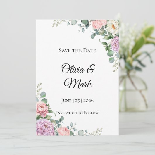 Watercolor Pioen & Eucalyptus Save the Date (Staand voorkant)