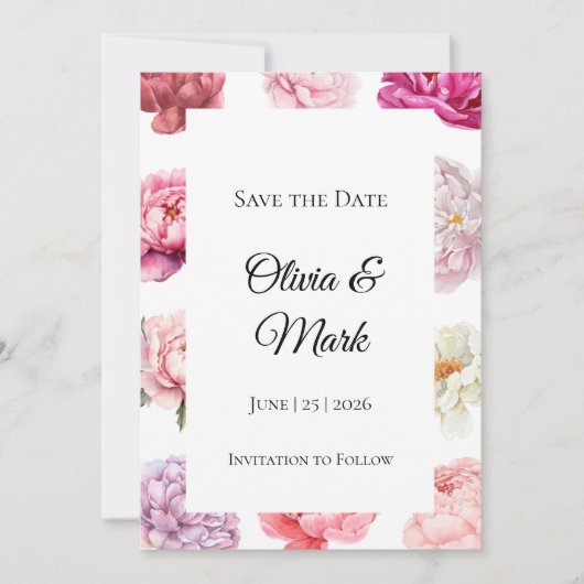 Watercolor Pioen Save the Date | Roze Goud Bloem (Voorkant)