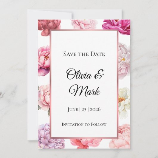 Watercolor Pioen Save the Date | Roze Gouden Bloem (Voorkant)
