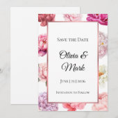 Watercolor Pioen Save the Date | Roze Gouden Bloem (Voorkant / Achterkant)