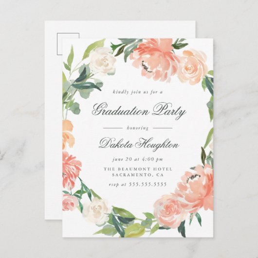 Watercolor Pioenrozen & Eucalyptus Afsluitingsfees Uitnodiging Briefkaart (Voorkant / Achterkant)