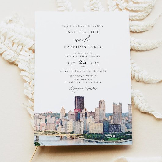 Watercolor Pittsburgh Pennsylvania Skyline Wedding Kaart