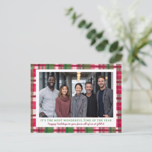 Watercolor Plaid Christmas Custom Photo Business Feestdagenkaart (Staand voorkant)