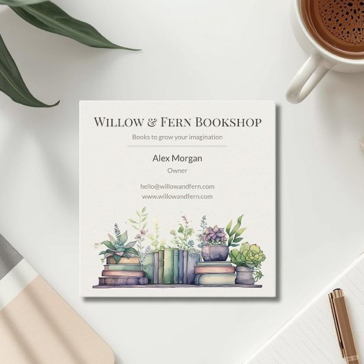 Watercolor Plant and Book Design Vierkante Visitekaartje