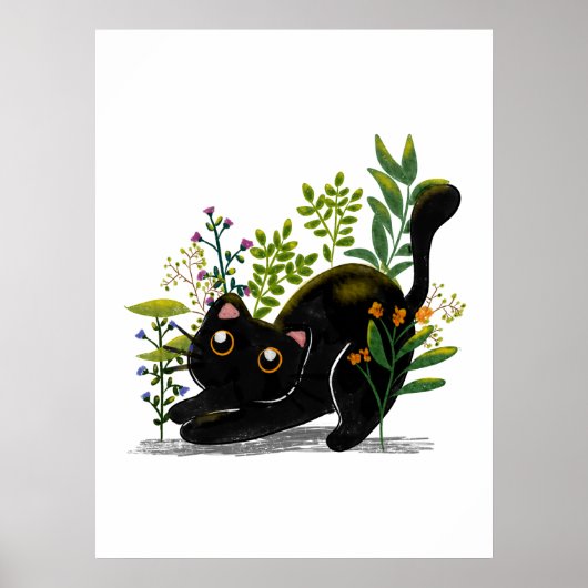 Watercolor Playful Black Cat with Flowers Poster (Voorkant)