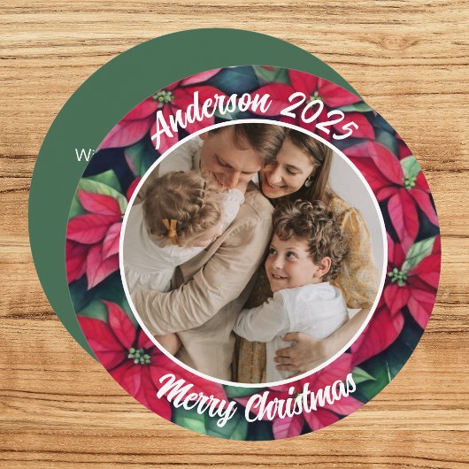 Watercolor Poinsettia Familie Kerst Ronde Feestdagenkaart