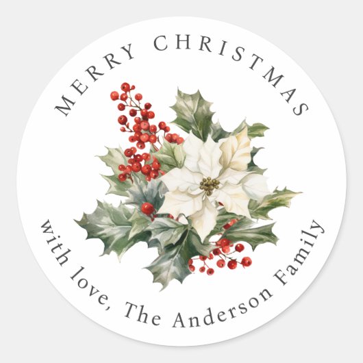 Watercolor Poinsettia Holly Red Berries Christmas Ronde Sticker (Voorkant)
