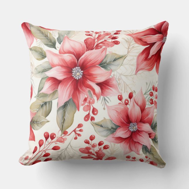 Watercolor Poinsettia Kerst Kussen (Voorkant)