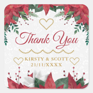 Watercolor Poinsettia Kerst Winter Bruiloft Vierkante Sticker