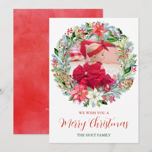 Watercolor Poinsettia Kerstkrans Fotokaarten Feestdagenkaart (Voorkant / Achterkant)