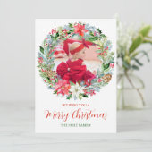 Watercolor Poinsettia Kerstkrans Fotokaarten Feestdagenkaart (Staand voorkant)