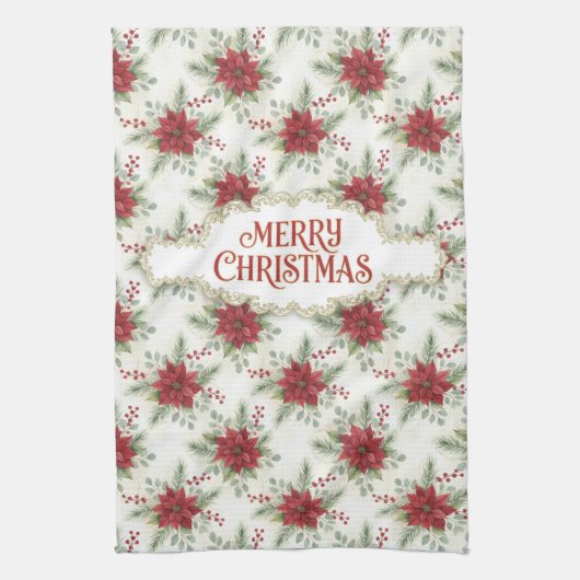 Watercolor Poinsettia Merry Christmas Theedoek (Verticaal)