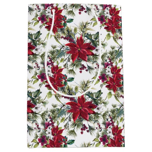 Watercolor Poinsettia Pattern  Medium Cadeauzakje (Voorkant)