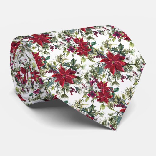 Watercolor Poinsettia Pattern  Stropdas (Opgerold)