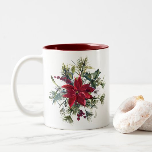 Watercolor Poinsettia Pattern  Tweekleurige Koffiemok (Met donut)