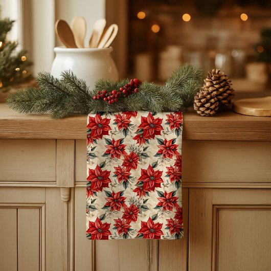 Watercolor Poinsettia Towel Rustic Christmas Style Theedoek