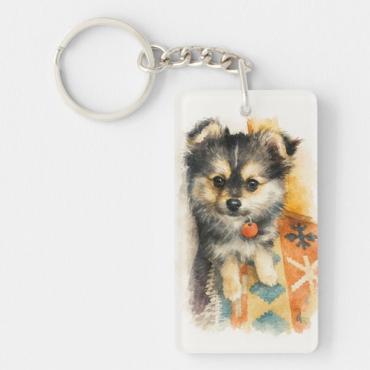 Watercolor Pomchi Puppy  Sleutelhanger (Voorkant)