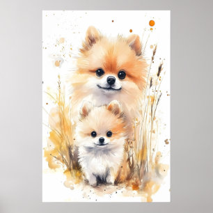 Watercolor Pomeranian Moeder en Baby Print, Kinder Poster