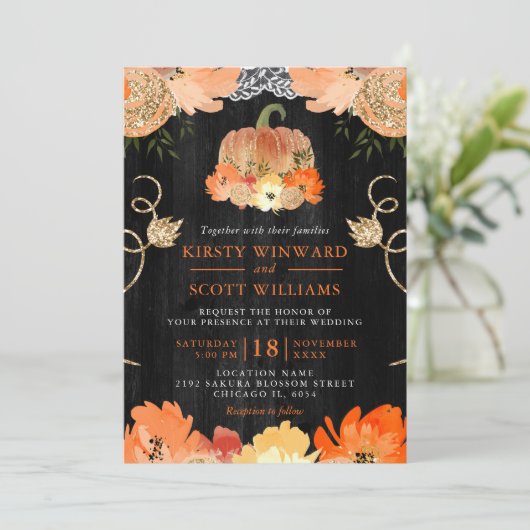 Watercolor Pompoen Herfstbloemen Bruiloft Kaart (Staand voorkant)