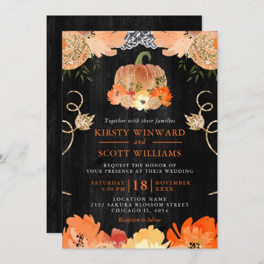 Watercolor Pompoen Herfstbloemen Bruiloft Kaart (Voorkant / Achterkant)