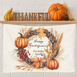 Watercolor Pompoen Krans Familie Thanksgiving Spandoek