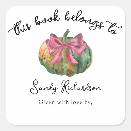 Watercolor pompoen lint Baby Shower-boekplaat Vierkante Sticker (Voorkant)