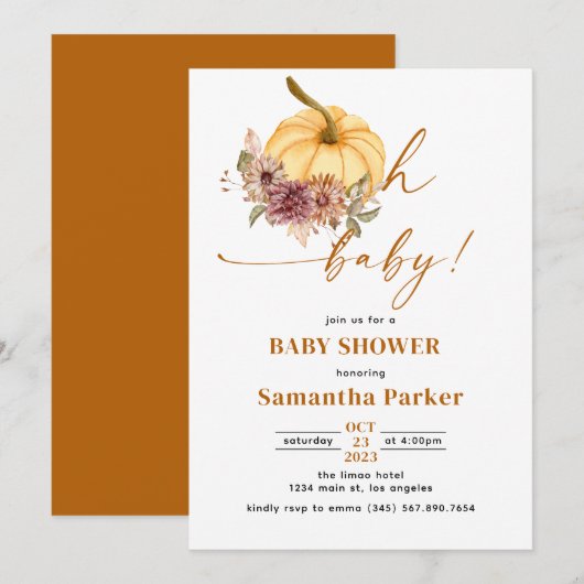 Watercolor Pompoen Oh Baby Uitnodiging (Voorkant / Achterkant)