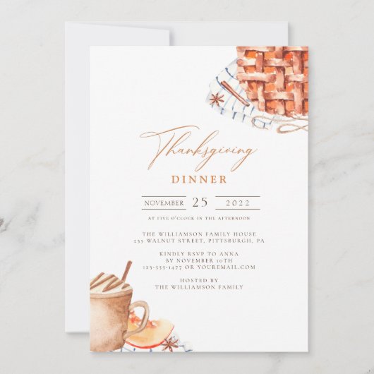 Watercolor Pompoentaart Thanksgiving-diner Kaart (Voorkant)