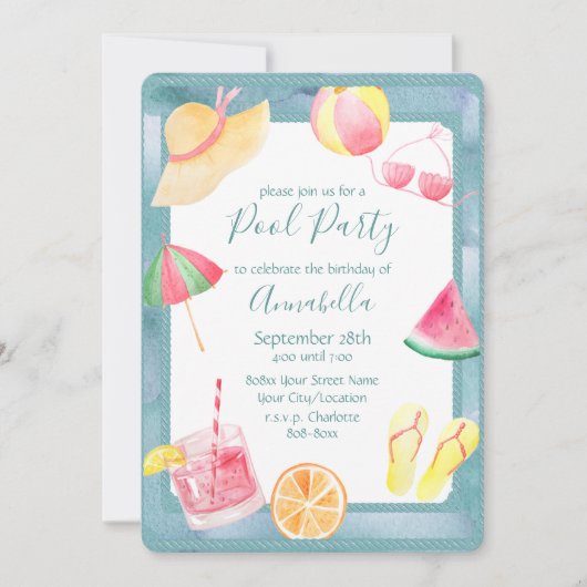 Watercolor Pool Feestje Kaart (Voorkant)