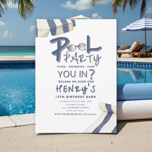 Watercolor pool Umbrella Pool Party Invite Kaart