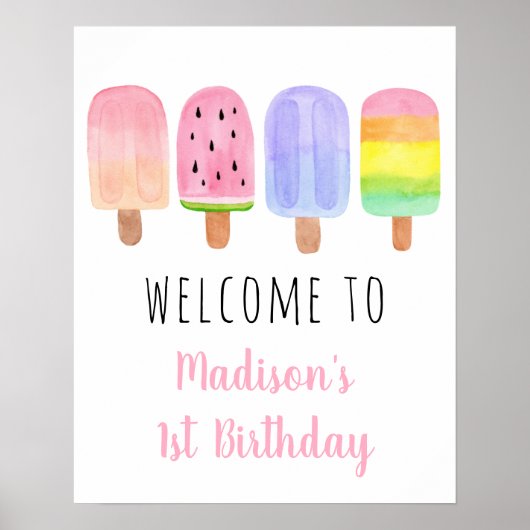 Watercolor Popsicle Roze Meisje Verjaardag Welkom Poster (Voorkant)