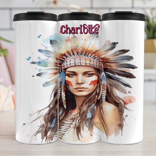 Watercolor Portrait Native American Headdress Thermosbeker