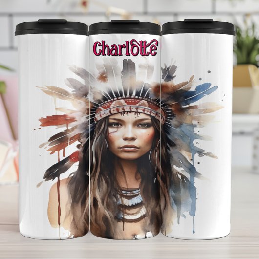 Watercolor Portrait Native Feathered Headdress Thermosbeker