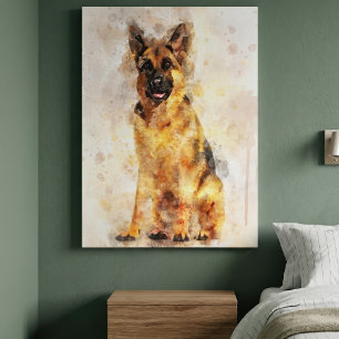 Watercolor Portret van een Duitse Herdershond Kuns Canvas Afdruk