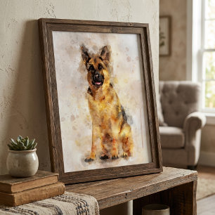 Watercolor Portret van een Duitse Herdershond Kuns Foto Afdruk