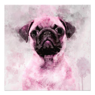 Watercolor portret van roze pug hond 02 foto afdruk