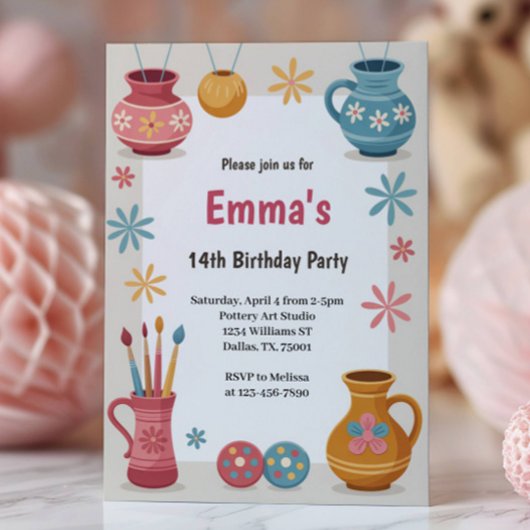 Watercolor Pottery Painting Birthday Party Kaart