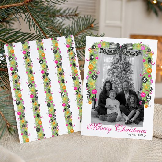 Watercolor Preppy Bright Christmas Garland Photo Feestdagenkaart