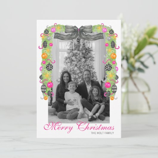 Watercolor Preppy Bright Christmas Garland Photo Feestdagenkaart (Staand voorkant)