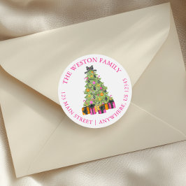 Watercolor Preppy Bright Christmas Tree Address Ronde Sticker