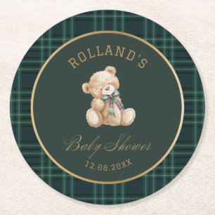  Watercolor preppy geruite teddybeer babyshower Ronde Kartonnen Onderzetter