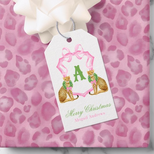 Watercolor Preppy Kerst Luipaard Monogram Wapen Cadeaulabel