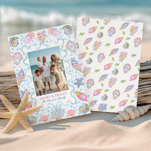 Watercolor Preppy Kerstmis Coastal Foto Feestdagenkaart