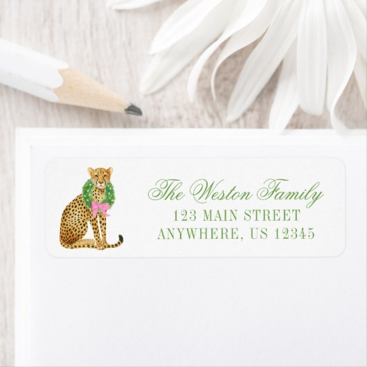Watercolor Preppy Leopard Christmas Address Etiket (Insitu)