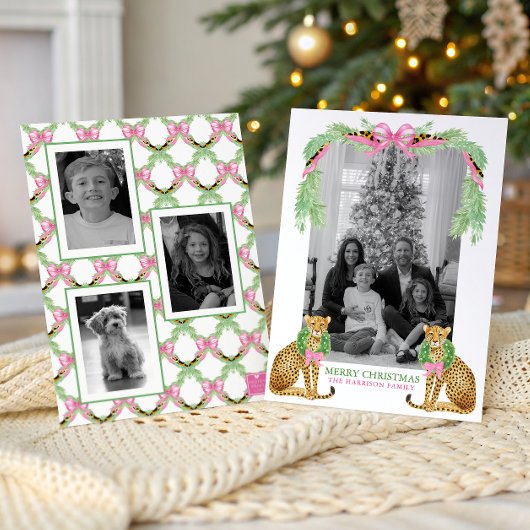 Watercolor Preppy Leopard Garland Christmas Feestdagenkaart